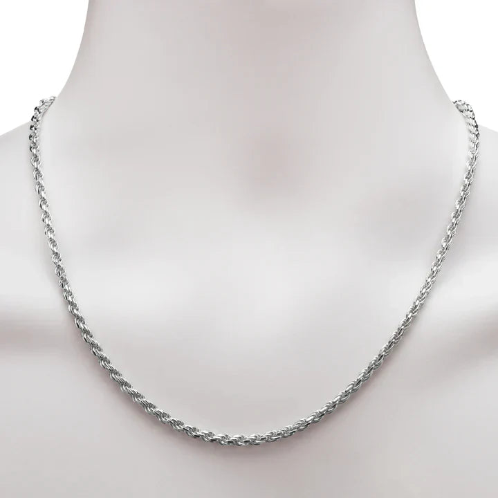 Sterling Silver 2.25mm Shiny-Cut Rope Chain Necklace For Men.
